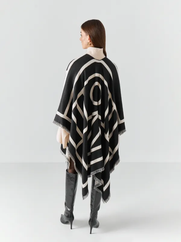 Пончо, 130х160 см, шашағы бар, екі жақты, вискоза/полиэстер, сүт түстес қара, Poncho, image-4