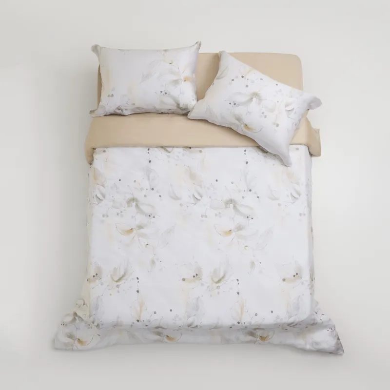 Төсек орын жиынтығы еуро, тенсель 300 ТС, сүт түстес, Жидектері бар гүлдер, Tencel