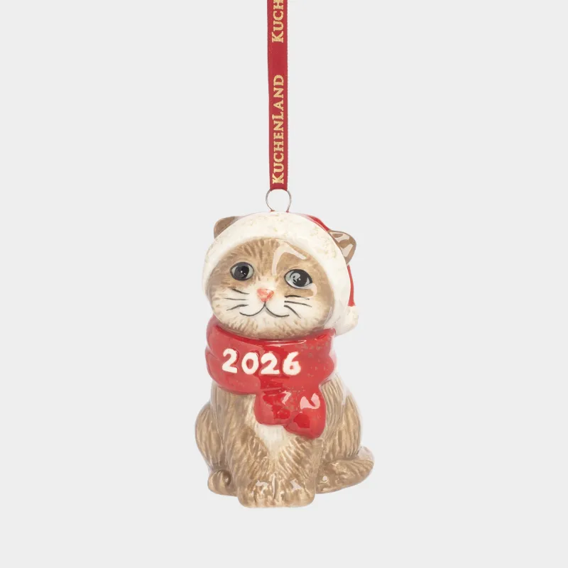 Игрушка елочная, 8 см, керамика, коричнево-красная, Кот в шарфе, Figure christmas