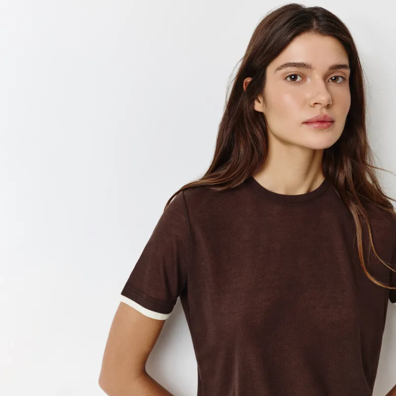 Әйелдер футболкасы, өлшемі L, жиегі бар, полиэстер/мақта, қоңыр, Franziska, image-0