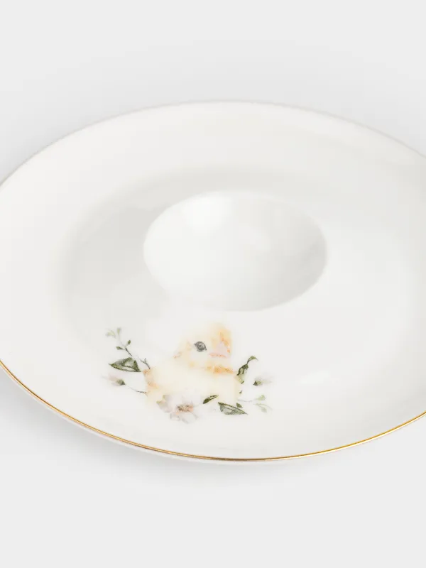 Подставка для яйца, 13 см, фарфор F, белая, с золотистым кантом, Цыпленок в цветах, Easter, image-2