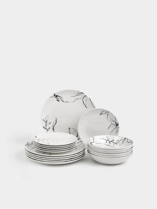 Сервиз обеденный, 6 перс, 18 пр, фарфор P, белый, Силуэтные цветы, Silhouette flowers, image-0
