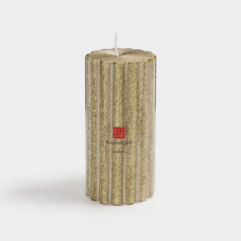 Свеча, 10 см, цилиндрическая, с блестками, золотистая, Ribbed candle, image-3