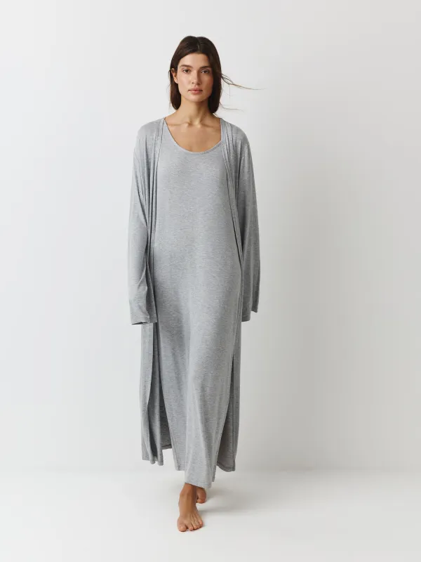Кардиган женский, домашний, длинный, р. S, вискоза/спандекс, серый меланж, Aidila, image-1