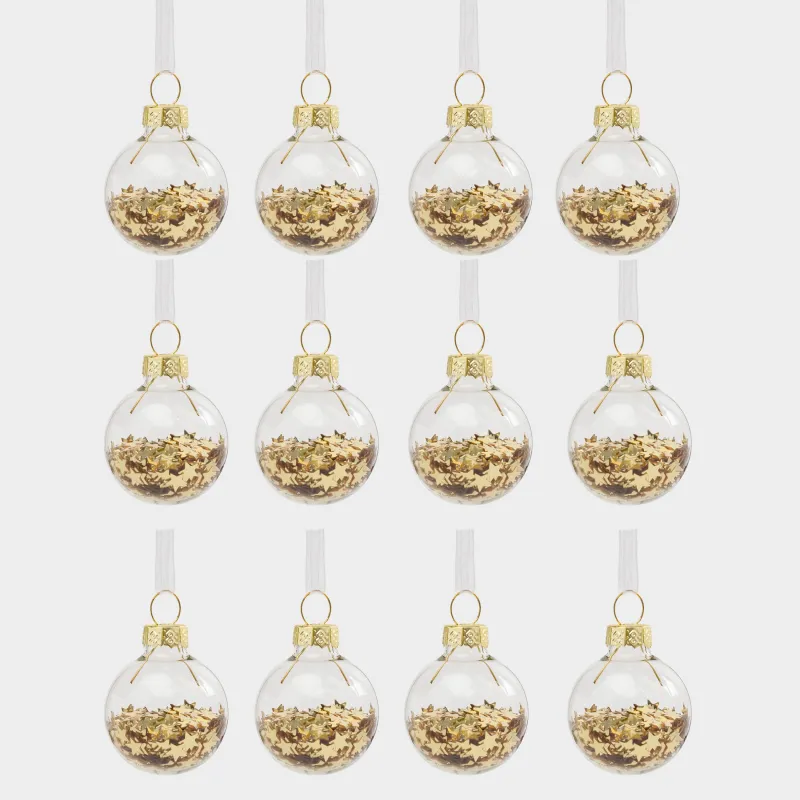 Набор елочных игрушек, 4 см, 12 шт, стекло, золотистый, Шар со звездами, Ball filler