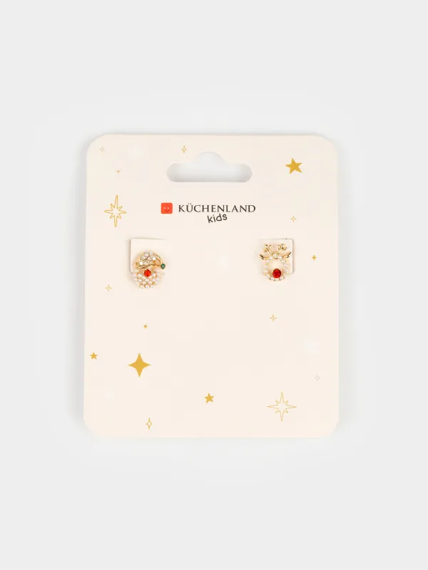 Серьги-пусеты, 1,5 см, 2 шт, детские, металл/стекло, золотистые, Олень, Pearl, image-4