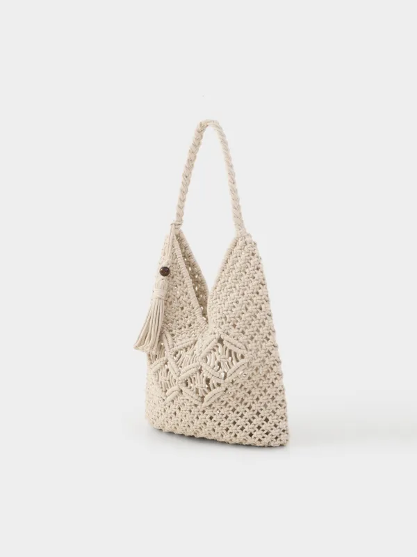 Сумка пляжная, 33х29 см, плетеная, с кисточкой, хлопок, бежевая, Stintino, image-1