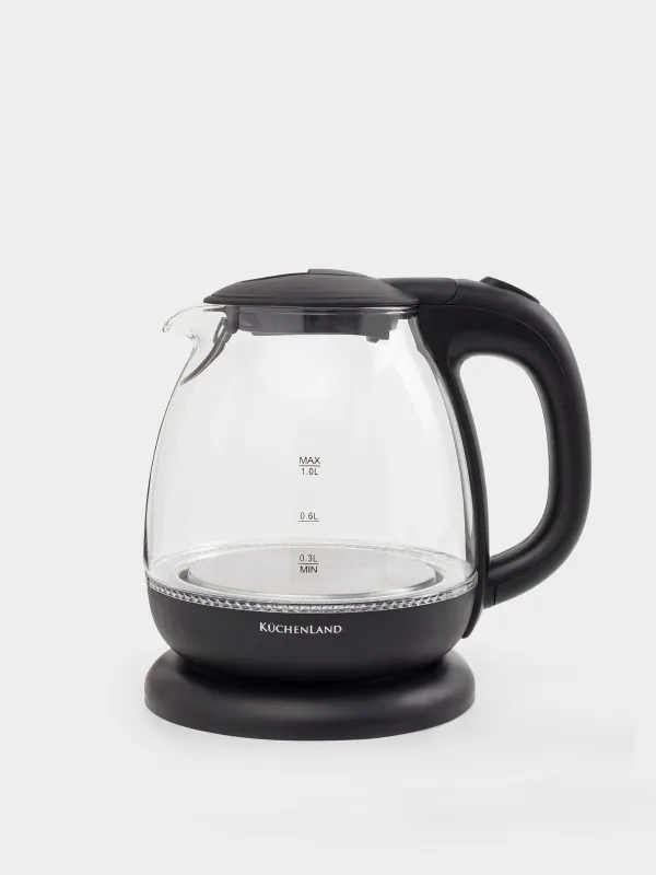 Электр шайнек, 1 л, 900-1100 Вт, шыны Б/пластик, жарықпен, қара, Progress plus, image-0