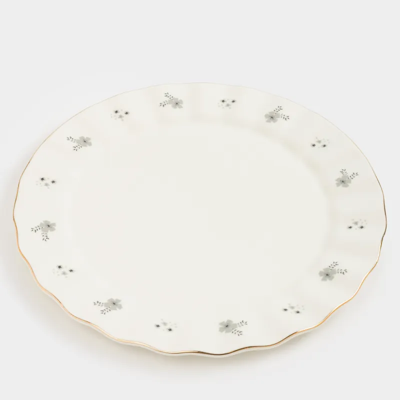Тарелка обеденная, 27 см, фарфор P, молочная, с золотистым кантом, Серые цветы, Florals, image-2