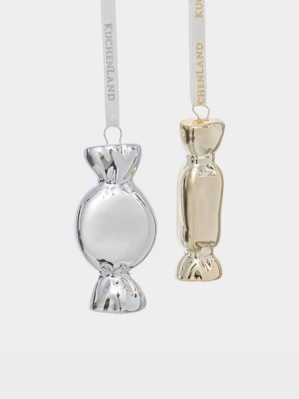 Набор елочных игрушек, 6 см, 2 шт, фарфор P, золотистый/серебристый, Конфеты, Figure christmas, image-0