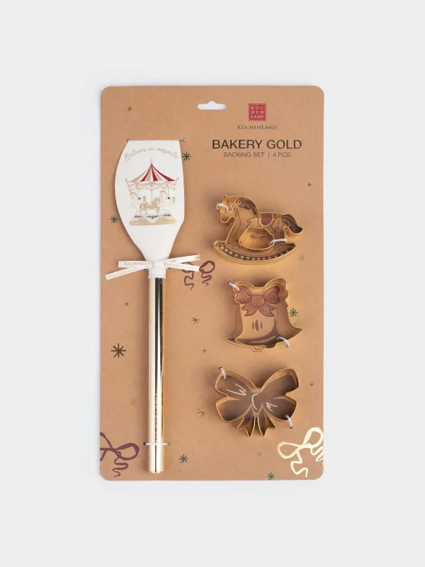 Пісіруге арналған жиынтық, 4 зат, қалақша/қалыптар, силикон/болат, сүт және алтын түстес, Айналма әткеншек, Bakery gold, image-5