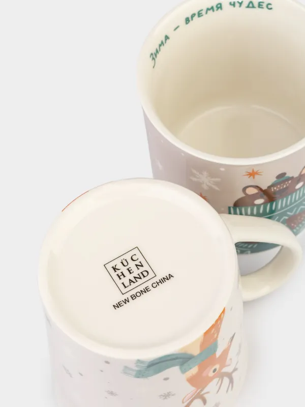 Кружка, 300 мл, 2 шт, фарфор N, молочная/бежевая, Олень/Медведь, Friend forest, image-7