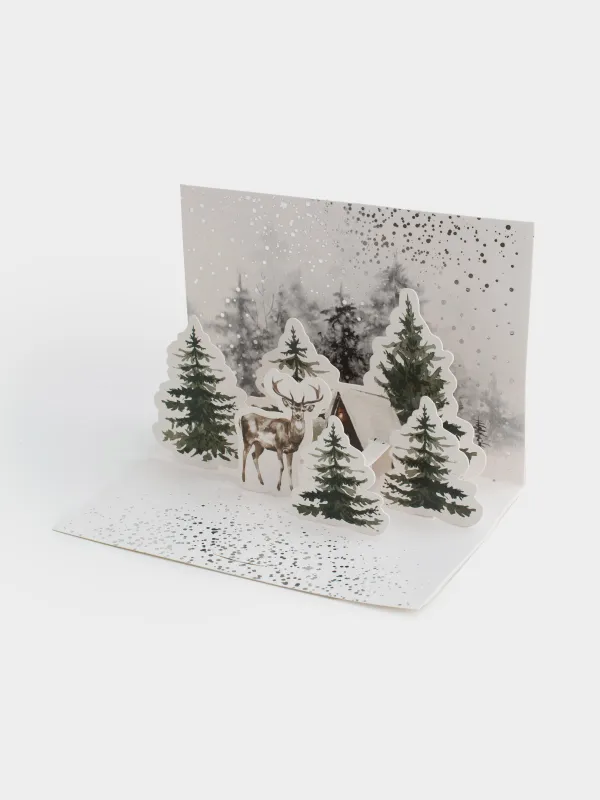 Сыйлық ашықхаты 3D, 13х18 см, қағаз, ақ, Ормандағы бұғы, Snowy house, image-4