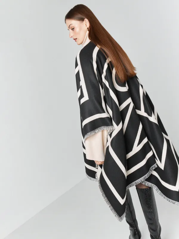Пончо, 130х160 см, шашағы бар, екі жақты, вискоза/полиэстер, сүт түстес қара, Poncho, image-5