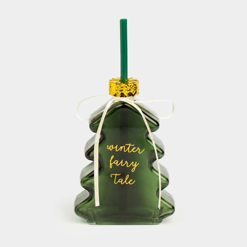 Банка для напитков, 280 мл, с крышкой и трубочкой, стекло, зеленая, Ель, Christmas drink