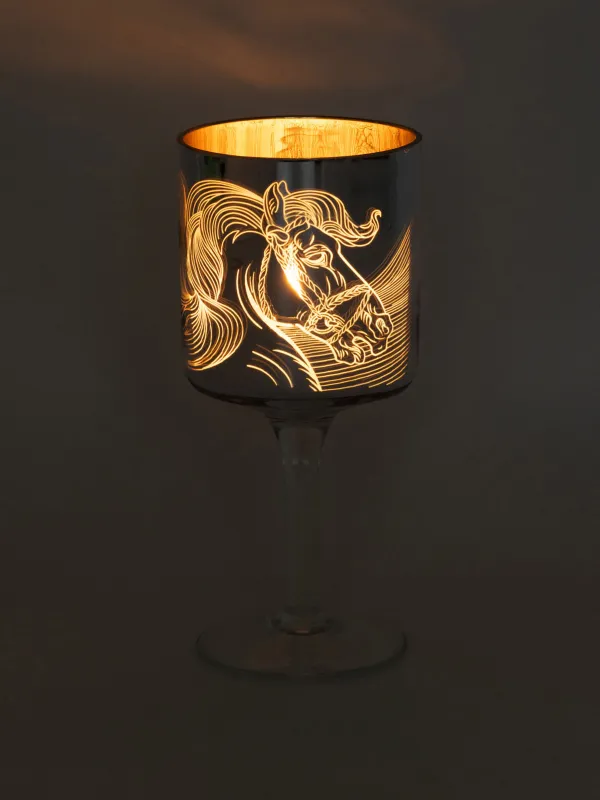 Шам ұстағыш, 20 см, шай шамына арналған, аяқты, шыны, алтын, Жылқы, Horse gold, image-5