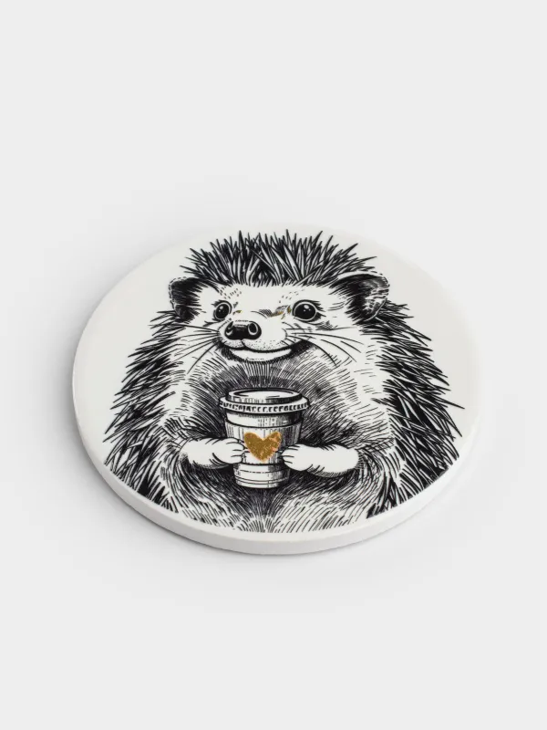 Саптыаяқ тұғыры, 11 см, дөңгелек, керамика/тығын, ақ, Кофесі бар кірпі, Forest animals, image-1