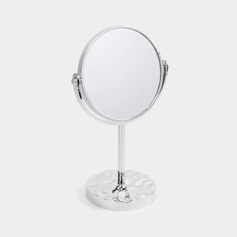 Зеркало настольное, 29x17/14 см, двустороннее, на ножке, пластик, круглое, серебристое, Wave, image-3