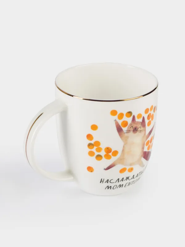 Кружка, 400 мл, фарфор F, белая, с золотистым кантом, Кот с мандаринами, Christmas cat, image-3