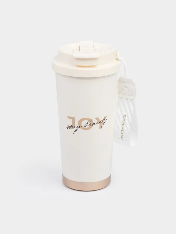 Термокружка, 500 мл, клапан/трубочка, с ремешком, сталь/пластик, бежево-золотистая, Ballad, image-0