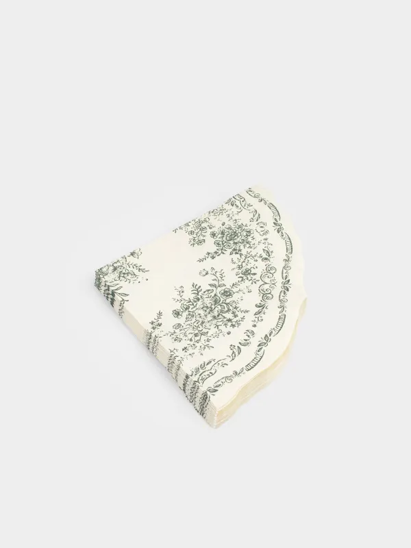 Қағаз майлықтар, 33 см, 20 дана, дөңгелек, ақ, Жасыл гүлдер, Green lace, image-1