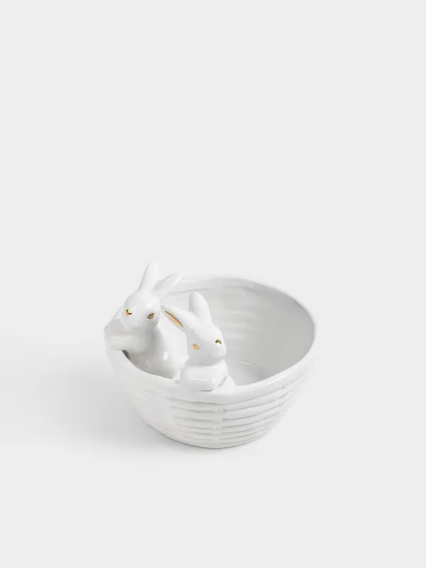 Кәмпит ыдысы, 14х12 см, 410 мл, керамика, сүт және алтын түстес, Себеттегі қояндар, Rabbit gold, image-1