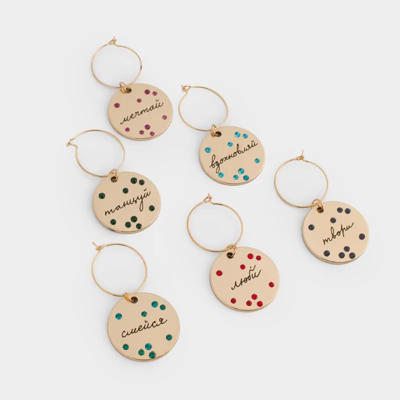 Бокалға арналған аспа, 6 дана, металл/страздары бар, алтын, Медальондағы тілектер, Fantastic gold, image-1