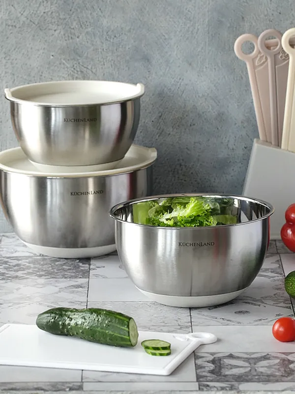 Миска, 1,5/2,5/3 л, 3 шт, с крышкой, антискользящее дно, сталь/пластик, бежевая, Terra, image-1