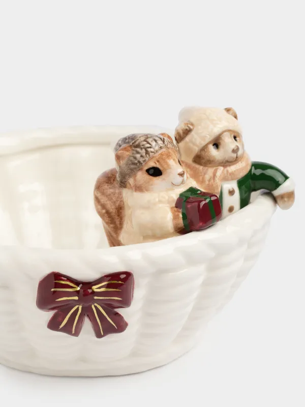 Салат ыдысы, 16х10 см, 500 мл, керамика, сүт түстес, Себеттегі тиін және аю, Christmas animals, image-3