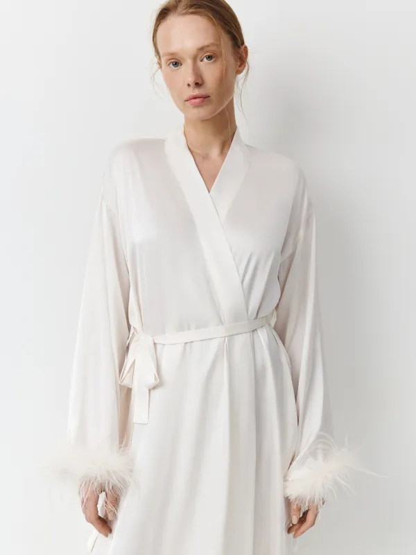 Әйелдер халаты, үйге арналған, өлшемі M, ұзын жеңді, полиэстер/қауырсын, сүт түстес, Adria, image-0