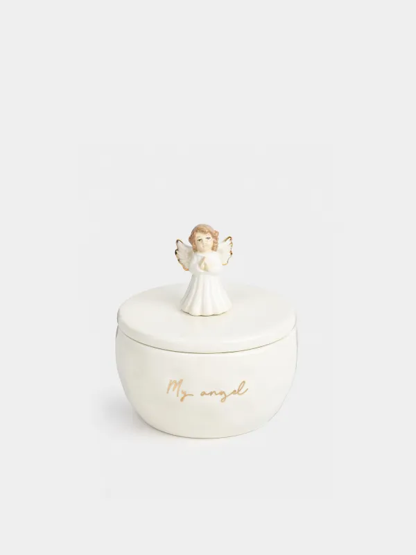 Зергерлік қорап, 11х11 см, керамика, сүт және алтын түстес, My angel, Angel, image-1