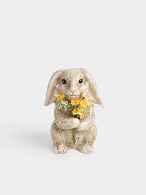 Мүсінше, 22 см, керамика, сарғылт-қоңыр, Гүлдері бар қоян, Rabbit in narcis, image-0