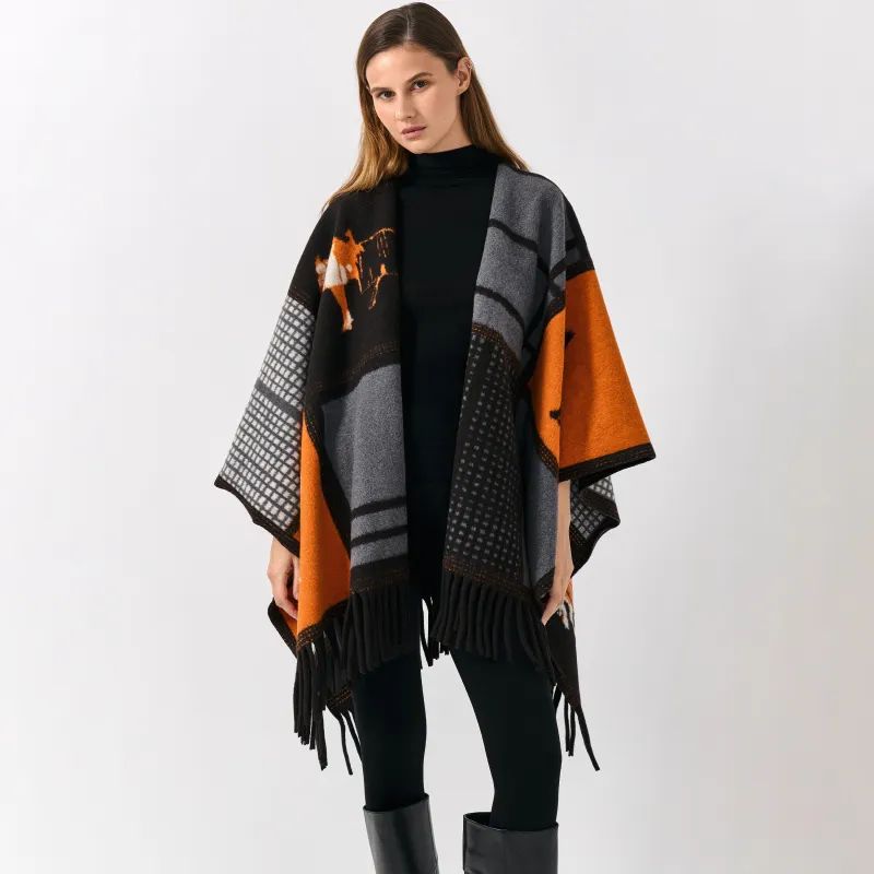 Пончо, 130х160 см, жиегі бар, полиэстер, қара және қызғылт сары, Жылқы, Poncho