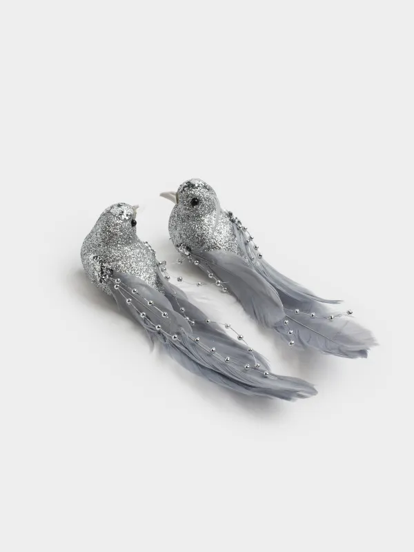 Украшение декоративное, 15 см, 2 шт, на клипсе, пенопласт/перо, серебристое, Птица, Birds NY, image-1