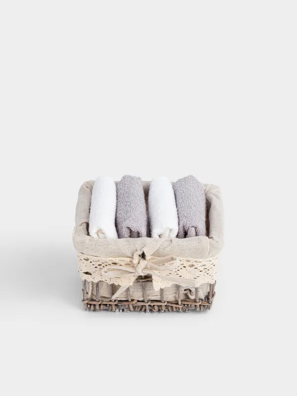 Полотенце, 30х30 см, 4 шт, в корзине, хлопок/дерево, белое/серое, Basket towel, image-0