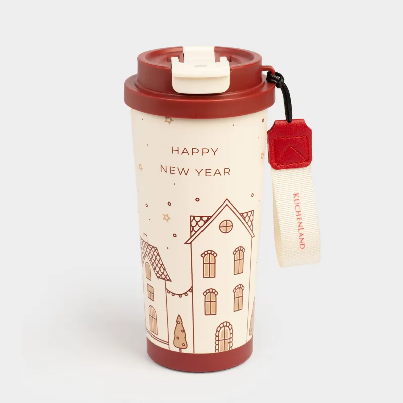 Термо саптыаяқ, 500 мл, клапан/түтік, бауы бар, болат/пластик, сарғылт-қоңыр-қызыл, Ballad