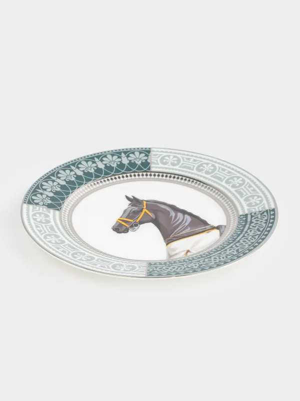 Тіскебасар тәрелкесі, 21 см, фарфор F, ақ және жасыл, күміс жиектері бар, Жылқы, Breton horse, image-1