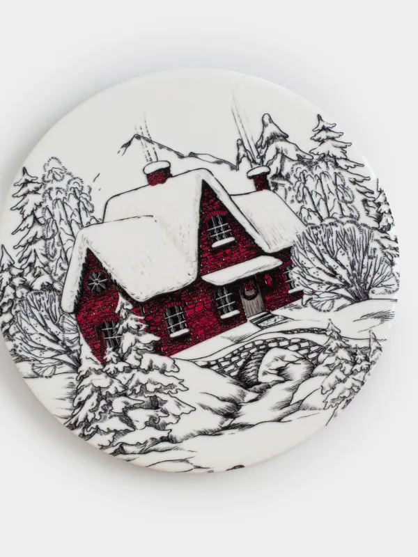 Подставка под кружку, 11 см, круглая, керамика/пробка, белая, Домик в лесу, Forest house, image-3