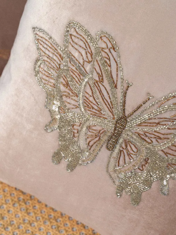 Подушка декоративная, 50х50 см, вельвет/бисер, бежевая, Бабочка, Bugs, image-3