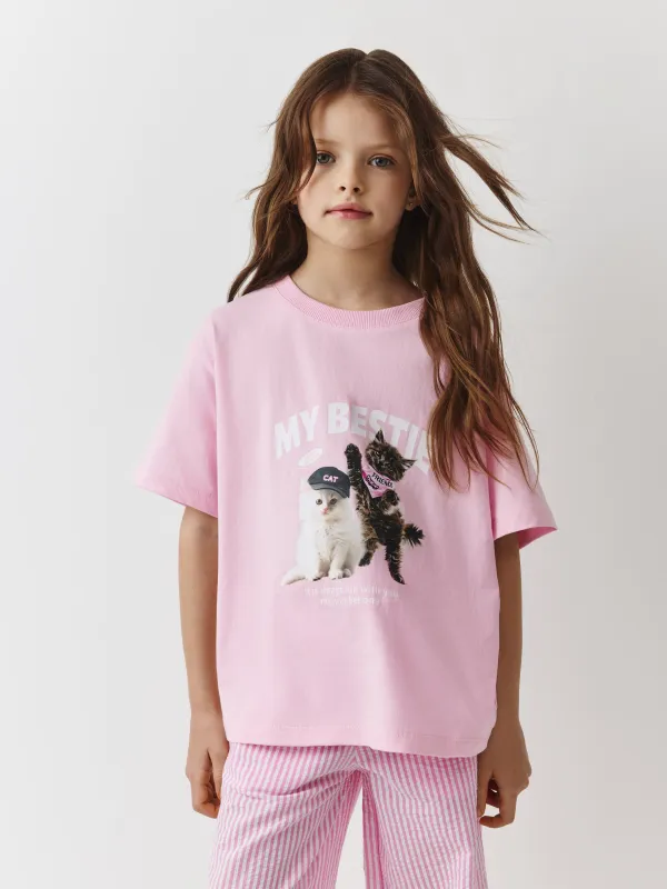 Балалар футболкасы, үйге арналған, 98 см, қыздарға арналған, мақта, қызғылт, Марғаулар, Celso, image-0