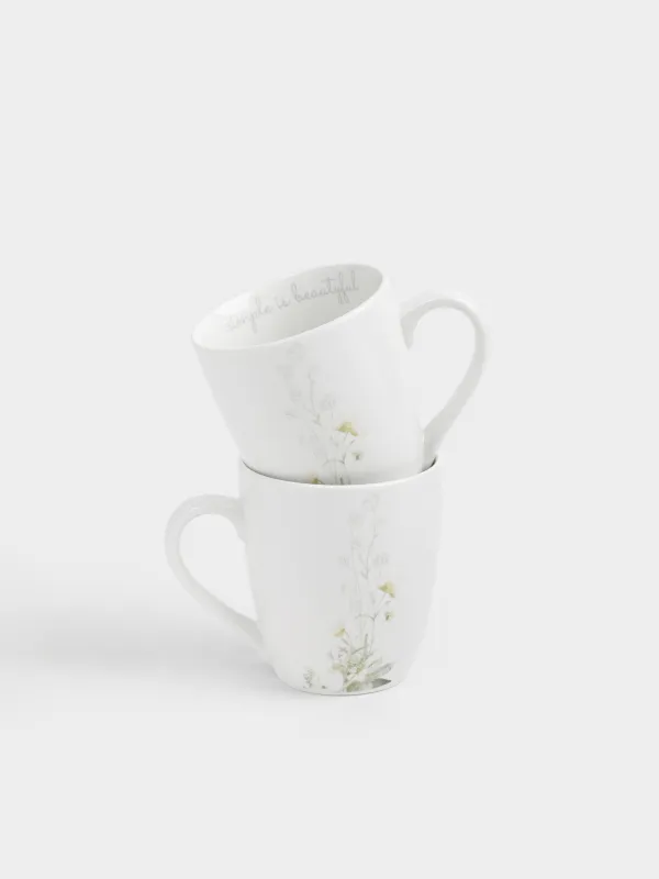 Кружка, 350 мл, 2 шт, фарфор P, белая, Цветы и листья, Rareness flower, image-0