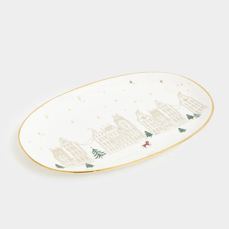 Ыдыс, 32х20 см, фарфор N, сопақ, сүт және алтын түстес, Үйлер мен жылқы, Snow sparks