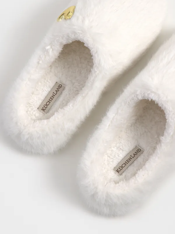 Тапочки женские, домашние, молочные, Сердце, Furred, image-2