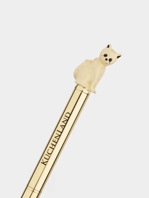 Ручка шариковая, 14 см, с фигуркой, сталь, золотистая, Бежевая кошка, Draw figure, image-2