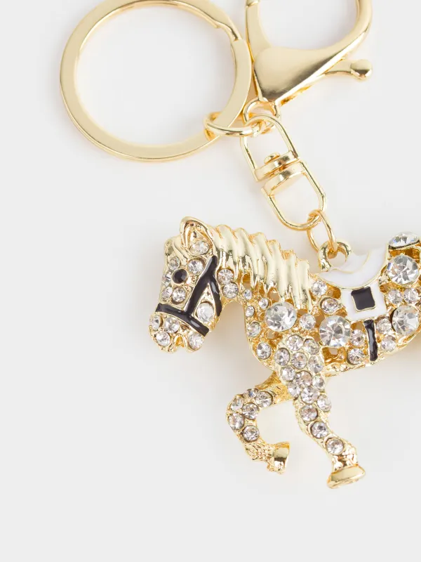 Салпыншақ, 12 см, металл / ринстондар / эмаль, Алтын, жылқы, Keychain crystal, image-1