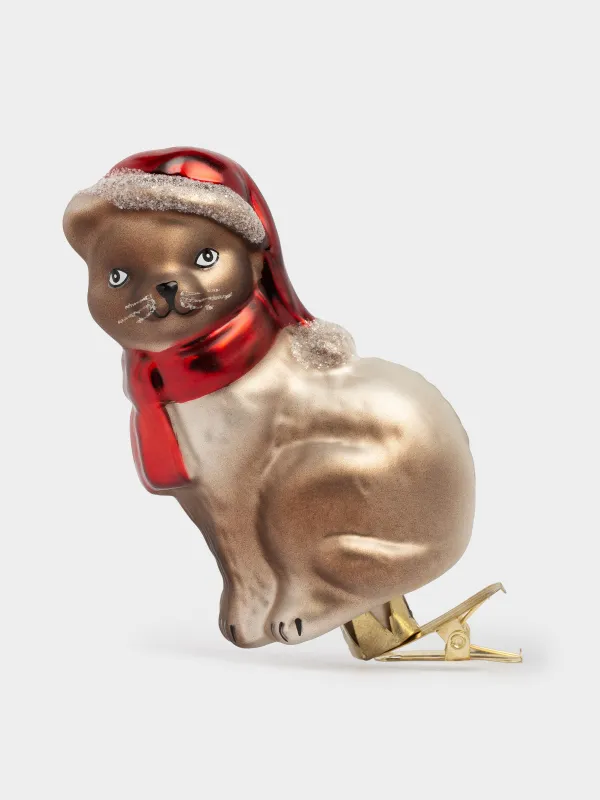 Шырша ойыншығы, 11 см, қыстырғышта, шыны, Шарф таққан мысық, Figure christmas, image-0