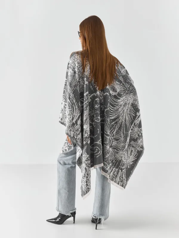 Пончо, 125х160 см, жиектері бар, екі жақты, полиэстер, сүт түстес сұр, Графикалық бақ, Poncho, image-3