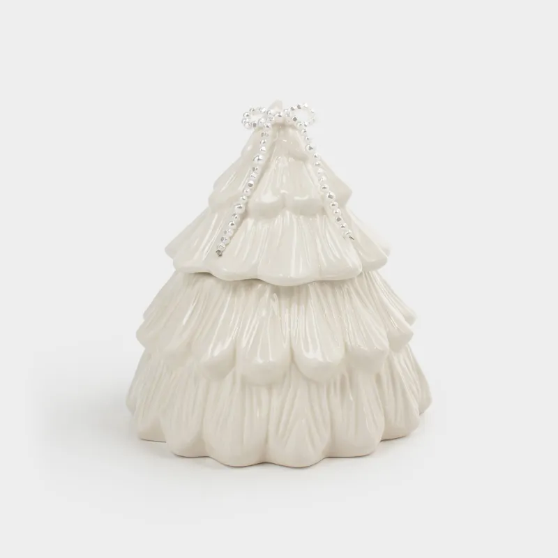 Сақтау ыдысы, 16х16 см, 650 мл, керамика/моншақ, сүт түстес, Бантигі бар шырша, Pearl Antarctica