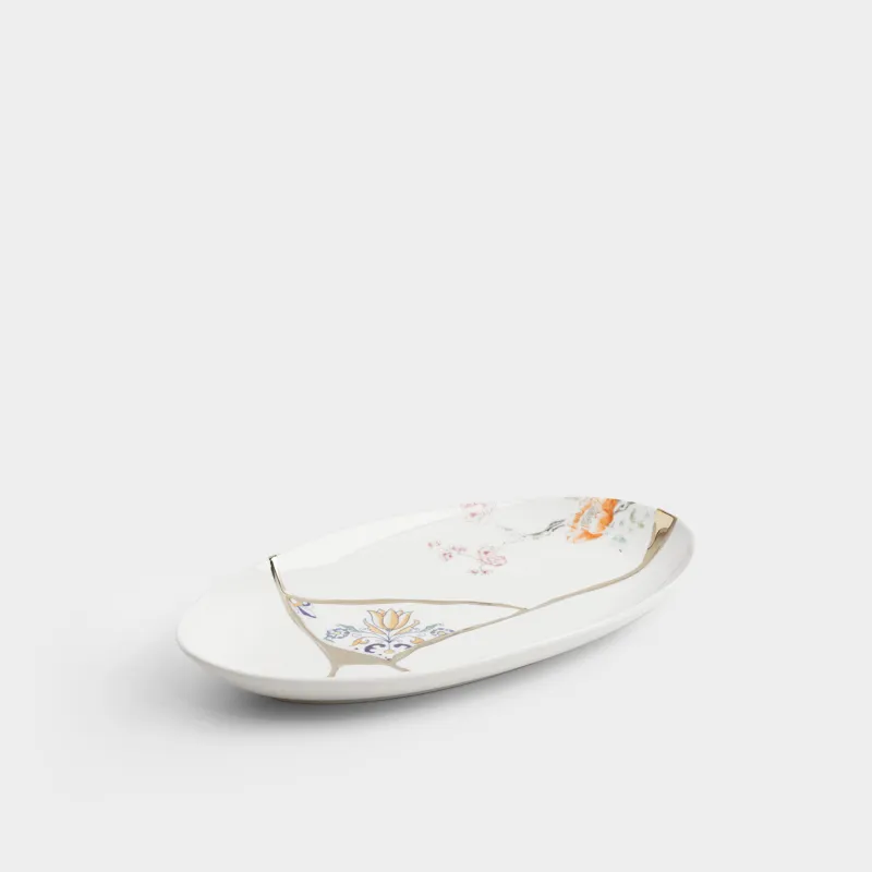 Блюдо, 30х18х см, фарфор N, овальное, бело-золотистое, Кинцуги, Revival