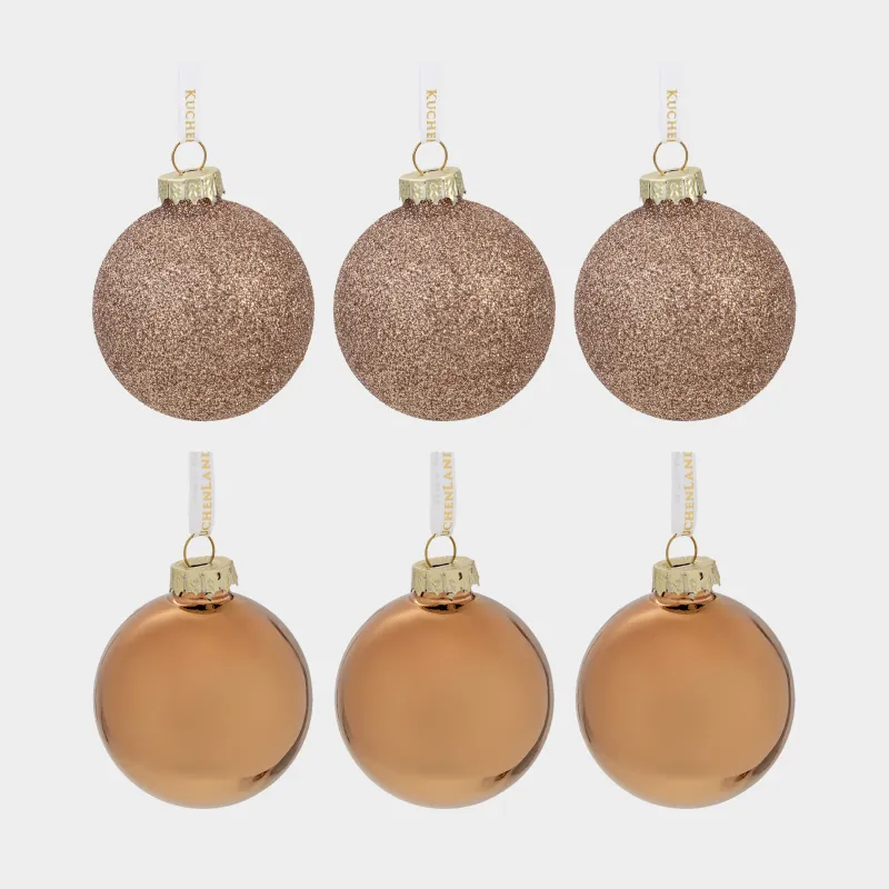 Шырша ойыншықтарының жиынтығы, 6 см, 6 дана, шыны, жылтырақтары бар, шампан, Шар, Ball sparkle